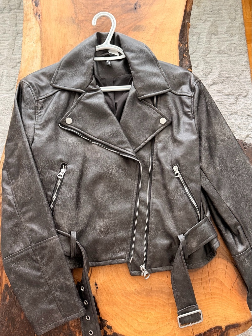 H&M Dark Brown Faux Leather Moto Jacket with Belt